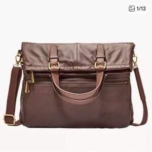 Fossil Explorer Brown Leather Fold Over Crossbody Hobo Tote Bag